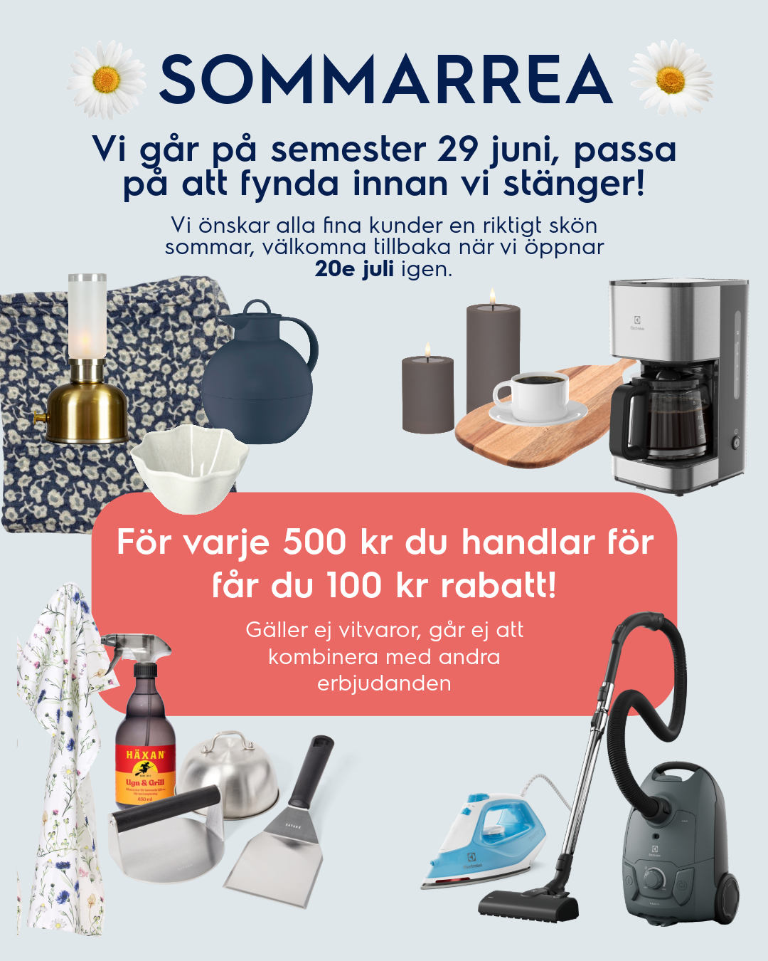 Sommarrea hos Krylbo Elmontage. Handla för 500 kr och få 100 kr rabatt. Semesterstängt 29 juni–19 juli, öppnar igen 20 juli. Bild med utvalda produkter för hem och kök.